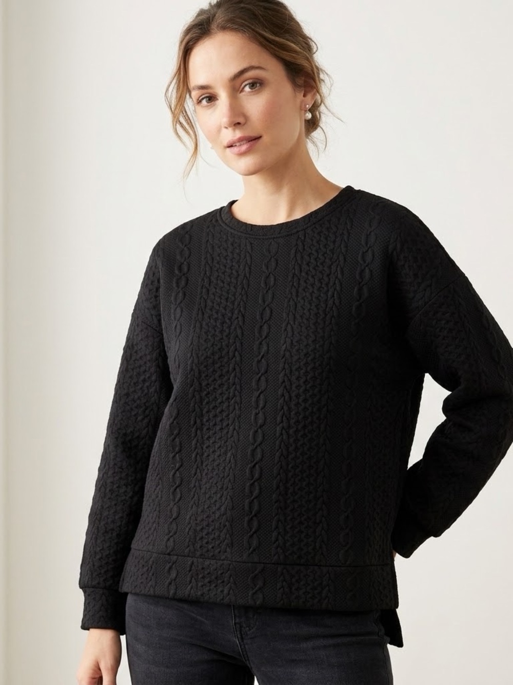 Dokotoo Womens Textured Cable Knit Crewneck Sweatshirt Pullover Tunic Top SizeM